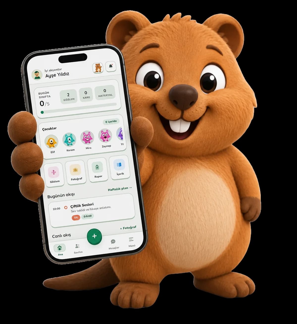 EduGuest maskotu PAKA, mobil uygulamayı elinde tutuyor